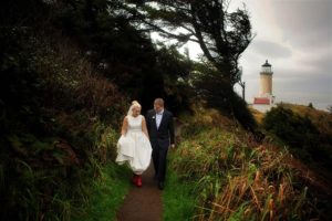 couple walking away from lighthouse